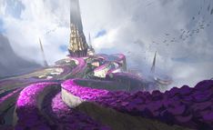 a futuristic city surrounded by purple flowers and birds in the sky, with an enormous clock tower on top