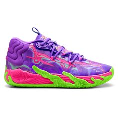 a purple and green sneaker with pink laces