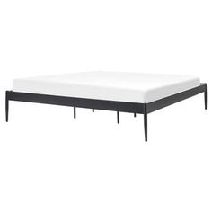 an image of a bed with white sheets and black frame on the bottom half, in front of a white background