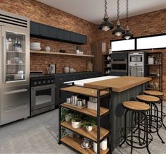 a kitchen with brick walls and an island in the middle, surrounded by stools