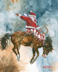 a painting of a man riding on the back of a horse wearing a santa suit