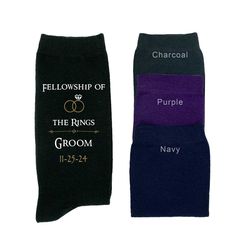 two pairs of socks with the words, fellowship of the rings and groom