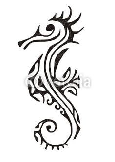 a black and white drawing of a seahorse with swirls on it's tail