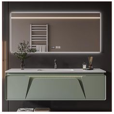 a bathroom sink with a mirror above it and a towel rack on the wall behind it