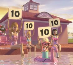 barbie dolls are sitting in front of a pink house with numbers on the top and bottom