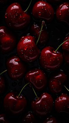 some cherries with water droplets on them