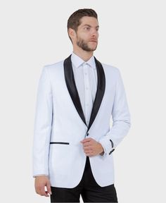 Shine at your next black tie or summer wedding event with this white shawl lapel tuxedo. Take your look to the next level with the two tone black pants and you will impress the crowd. Features Includes: Tuxedo Jacket, and Pants JACKET: Full Lined,1 Button closure, Shawl Lapel. Side Vents PANTS: Flat Front Tapered, 37 Inch Inseam, unhemmed. Lined to the knee Fit: Slim fit Fabric: Polyester/Rayon/Spandex. Wool Touch, Stretch fabric wrinkle resistant. Care: Dry Clean only Imported Shawl Lapel Tuxedo, Shawl Collar Tuxedo, Button Shawl, White Shawl, Slim Fit Tuxedo, Tuxedo For Men, Tuxedo Jacket, Wedding Event, Shawl Collar