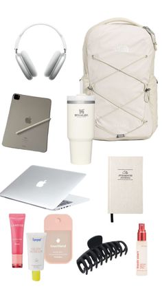 College Backpack Essentials Aesthetic, Aesthetic Things To Put In Your Backpack, Aesthetic Backpack College, Back To School Shuffle, Clean Girl Back To School Supplies, Clean Girl Aesthetic School Supplies, Clean Girl School Bag, Back To School Nail Inspo 2023, Back To School Essentials Aesthetic