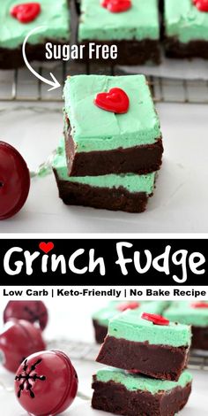 two pictures showing different types of desserts with the words crunch fudge on them