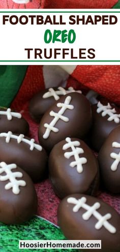 chocolate football shaped oreo truffles on a green and red tablecloth with text overlay