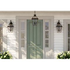 a blue front door with two planters on either side and one light hanging over it