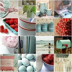 a collage of pictures with different things in them including eggs, strawberries, flowers and mailboxes