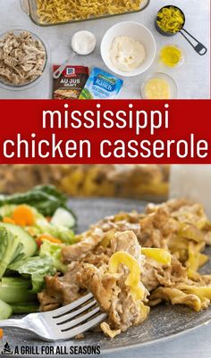 the cover of mississpi chicken casserole is shown on a plate with a fork