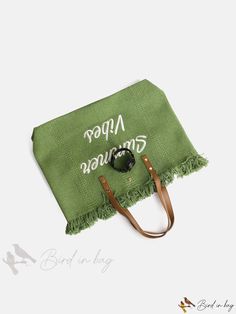 Bird in Bag - Embroidered Fingertip Decorative Tote Bag Canvas Beach Bag, Types Of Lettering, Writing Numbers, Embroidered Bag, Green Pattern, Fringe Trim, Shoulder Tote Bag, Bird In Bag, Bag Bag