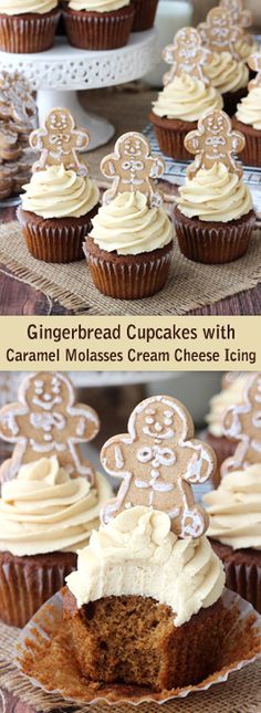 gingerbread cupcakes with caramel mousse cream cheese icing are on display