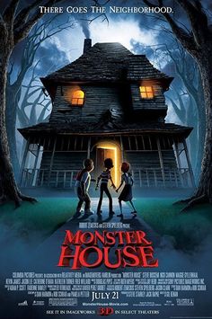 a movie poster for the film monster house with three people standing in front of a creepy house