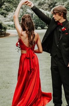 Two Piece Red Long Split Prom Dress on Storenvy Matric Farewell, Prom Pictures Couples, Red Prom Dress Long, Prom Picture Poses, Prom Pics, Prom Photoshoot, Prom Couples, Prom Photography, Prom Poses