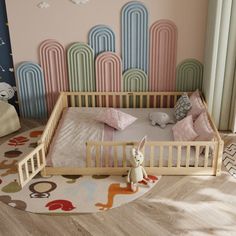 a child's room with a crib, bed and rugs on the floor