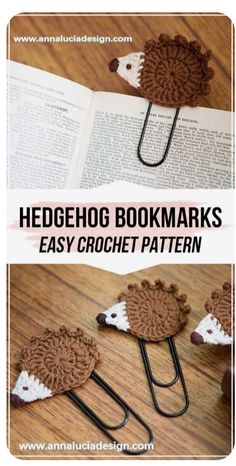 the hedge bookmarks are made out of crochet and have been placed on top of an open book