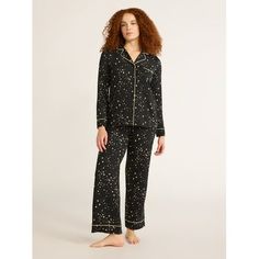 When relaxing is at the top of your to-do list and a night in is just what you need, relax into the cozy comfort of Joyspuns Notch Collar 2-Piece Pajama Set. Crafted in an ultra-soft jersey, this classic set features a button-front, notch-collar top and matching pants complete with pockets. An effortless choice for movie night, Sunday morning crosswords or catching some ZZZs. Meet Joyspun. A joyful new spin on Secret Treasures. Only at Walmart. Size: 4X.  Color: Black.  Gender: female.  Age Grou Black Winter Sleepwear For Lounging, Black Relaxed Fit Sets For Sleepover, Black Winter Sleepwear For Pajama Party, Long Sleeve Winter Sleepwear, Casual Black Sleepwear For Night, Black Casual Sleepwear For Night, Black Winter Sleepwear, Black Relaxed Fit Sleepwear For Winter, Casual Black Sets For Night