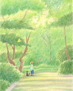 a drawing of a person and a dog in the park