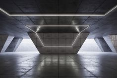 an empty room with concrete walls and lights on the ceiling is shown in this image