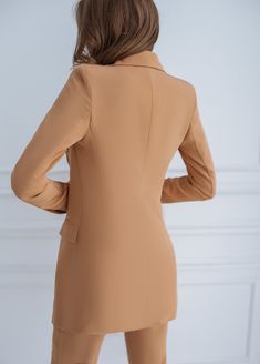 Fabric: Crepe Viscose 50%, Polyester 40%, Elastane 10% 4 buttons Flap pocket Fitting: Slim-Fit Lining option: Fully-Lined Color: Crimson, Black, White, Sky-Blue, Camel Fitted Beige V-neck Blazer, Elegant Notched Blazer Dress With Pockets, Beige Office Suits With Button Closure, Business Casual Blazer Dress With Welt Pockets, Semi-formal V-neck Blazer With Pockets, Beige Office Suits With Pockets, Fitted Blazer Dress With Pockets For Office, Fitted Camel Elegant Outerwear, Fitted Elegant Camel Outerwear