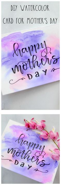 watercolor card for mother's day with pink flowers and purple lettering on it