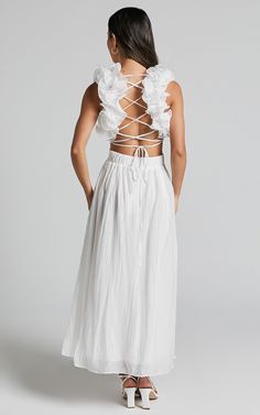 Marielly Maxi Dress - Side Cut Out V Neck Ruffle Detail Sleeve Dress in White | Showpo USA White Ruffled Maxi Length Dress, White Fitted Maxi Dress With Ruffled Straps, White Maxi Length Dress With Ruffled Skirt, White Maxi Dress With Ruffled Skirt, Elegant White Maxi Dress With Ruffled Skirt, White V-neck Dress With Ruffled Skirt, White Ruffled Dress For Spring, White Ruffled Maxi Dress For Summer, White Ruched V-neck Maxi Dress