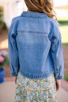 Who doesn't love a good jean jacket?! They look on everyone including girls! This jean jacket is going to layer so easily over all of your daughter's spring dresses and tops. Collared neckline Button down front closure Pockets No stretch Morgan is wearing the small. Today's The Day, Light Wash Denim Jacket, Mint Julep Boutique, Best Jeans, Model Fits, Light Wash Denim, Look On, Spring Dresses, Denim Wash