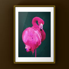 a pink flamingo standing in front of a dark green background with gold framed border