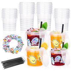 the cups are filled with drinks and have straws in them, along with other items