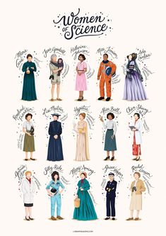 an illustrated poster with people in different outfits and words on the front, including women's