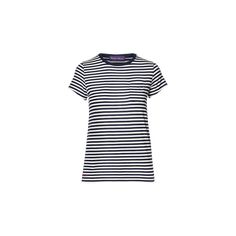 Ralph Lauren Collection cotton t-shirt in stripe pattern with contrast neck. Crew neckline. Short sleeves. Relaxed fit. Pullover style. Cotton. Made in Italy. Classic Cotton T-shirt With Striped Collar, Classic Summer T-shirt With Striped Collar, White T-shirt With Contrast Stripes, Classic Crew Neck Top With Striped Hem, Classic Crew Neck Top With Striped Collar, Classic Tops With Striped Collar And Crew Neck, Ralph Lauren Collection, Stripes Pattern, Pullover Styling