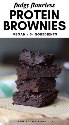 three chocolate brownies stacked on top of each other with the title text overlay