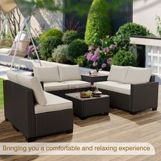 an outdoor living room with furniture and plants in the background that says bring you comfortable and relaxing experience