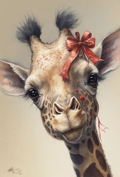 a painting of a giraffe with a red bow on its head