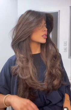 Wispy Layered Hair Long, Brown Butterfly Haircut, Long Haircuts Brown Hair, Macchiato Brown Hair Color, Hilights On Brunette Hair, Butterfly Haircut Long Hair Brunette, Long Mousy Brown Hair, Butterfly Haircut Brown Hair, 90d Hairstyles