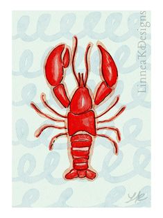 a drawing of a red lobster on a blue background