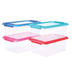 three plastic storage containers with lids on each side and one is blue, pink, and red