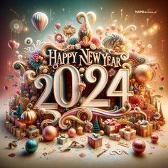 a happy new year poster with presents and balloons in the air, surrounded by confetti