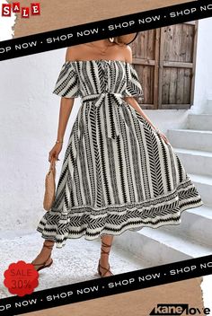 Printed Off-shoulder Tie Belt Midi Dress Belted Midi Dress, Belt Tying, Dresses By Length, Elevate Your Style, Tie Belt, Women's Fashion Dresses, Your Style, Off Shoulder, Fashion Dresses