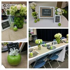 green and white centerpieces on tables at a wedding or party with chalkboard signs