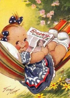 a baby is laying in a hammock reading a book