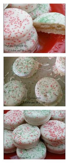 three different views of white and red cookies with sprinkles on them, one is cut in half