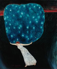 a painting of a woman with her arms outstretched in front of a blue sky filled with stars