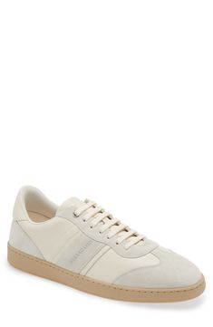 A vintage-inspired profile defines this low-top sneaker made of calfskin leather with suede overlays and finished with the founder's signature at the heel. Lace-up style Removable insole Leather upper and lining/rubber sole Made in Italy Men's Designer Shoes Cream Low-top Sneakers With Leather Sole, Classic Cream Suede Sneakers, Cream Leather Custom Sneakers With Gum Sole, Custom Cream Leather Sneakers With Gum Sole, Classic Cream Sneakers With Leather Sole, Classic Cream Leather Sneakers, Cream Leather Custom Sneakers With Contrast Sole, Custom Cream Leather Sneakers With Contrast Sole, Cream Suede Sneakers With Leather Sole