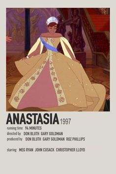 an advertisement for the animated film anatassia, featuring princesses in pink and gold dresses