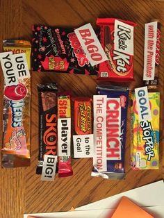 candy bars are laid out on a table