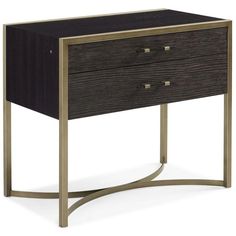 a black and gold side table with two drawers on one end, an open drawer on the other